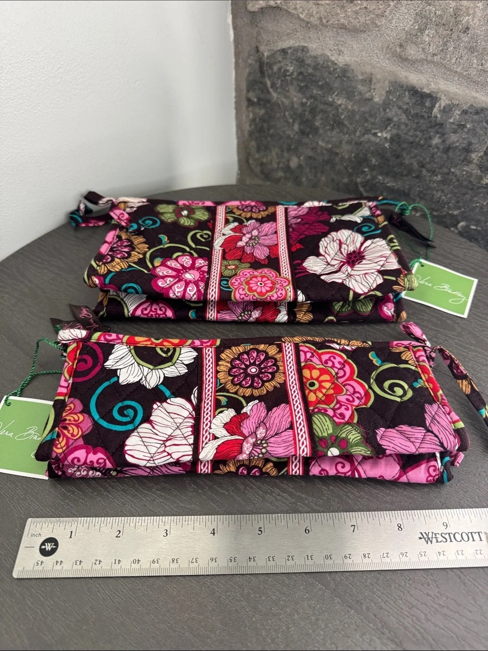 Vera Bradley Black Floral Quilted Wristlet Set with Pink Accents
